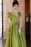 Lovely Green Satin Simple Short Sleeves Party Dress, A Line Prom Dress KPP2091