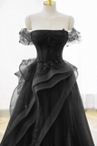 A Line Black Off Shoulder Tulle with Lace Party Dress, Tulle Prom Dress KPP2092