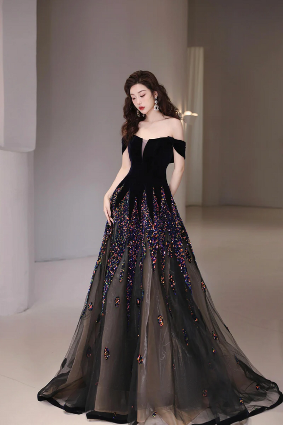 Black Velvet Sequins Long Prom Dress, Beautiful A Line Tulle Party Dress KPP2094