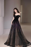 Black Velvet Sequins Long Prom Dress, Beautiful A Line Tulle Party Dress KPP2094