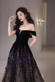 Black Velvet Sequins Long Prom Dress, Beautiful A Line Tulle Party Dress KPP2094