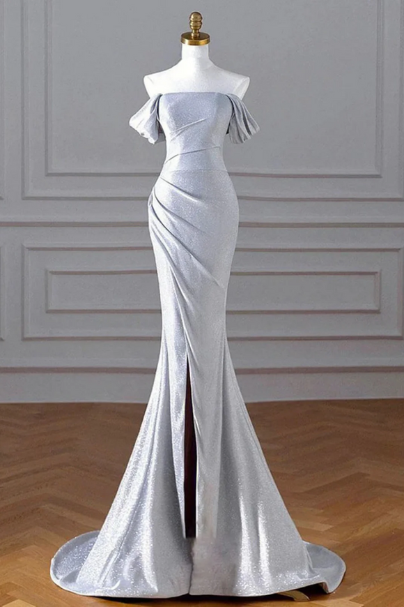 Charming Silver Mermaid Party Dress, Off Shoulder Long Prom Dress with Leg Slit KPP2095