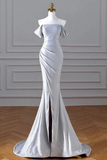 Charming Silver Mermaid Party Dress, Off Shoulder Long Prom Dress with Leg Slit KPP2095