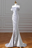 Charming Silver Mermaid Party Dress, Off Shoulder Long Prom Dress with Leg Slit KPP2095