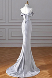 Charming Silver Mermaid Party Dress, Off Shoulder Long Prom Dress with Leg Slit KPP2095