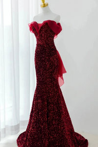 Wine Red Sequins Mermaid Long Party Dress, Off Shoulder Sweetheart Prom Dress KPP2097