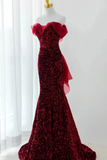 Wine Red Sequins Mermaid Long Party Dress, Off Shoulder Sweetheart Prom Dress KPP2097