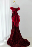 Wine Red Sequins Mermaid Long Party Dress, Off Shoulder Sweetheart Prom Dress KPP2097