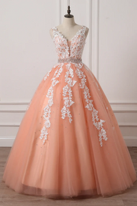 Charming Coral Princess V Neckline Formal Dress, Lace Applique Beaded Prom Dress KPP2098