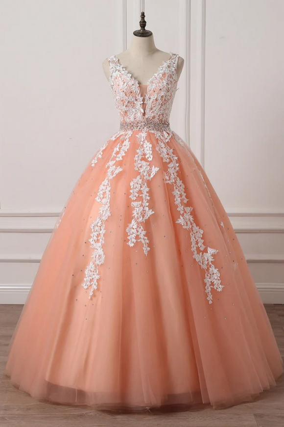 Charming Coral Princess V Neckline Formal Dress, Lace Applique Beaded Prom Dress KPP2098