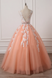 Charming Coral Princess V Neckline Formal Dress, Lace Applique Beaded Prom Dress KPP2098