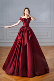 Wine Red Chic Off Shoulder Lace Up Prom Dress, Wine Red Satin Party Dress KPP2100