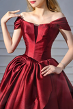 Wine Red Chic Off Shoulder Lace Up Prom Dress, Wine Red Satin Party Dress KPP2100