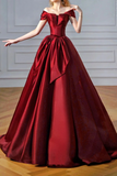 Wine Red Chic Off Shoulder Lace Up Prom Dress, Wine Red Satin Party Dress KPP2100