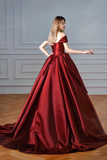 Wine Red Chic Off Shoulder Lace Up Prom Dress, Wine Red Satin Party Dress KPP2100