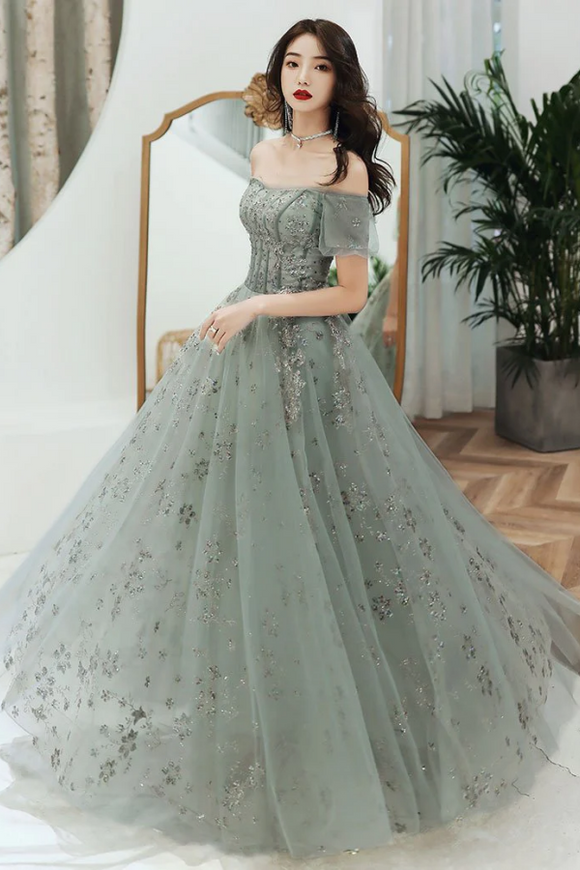 Light Green Off Shoulder Long Formal Dress, Green A Line Prom Dress KPP2101