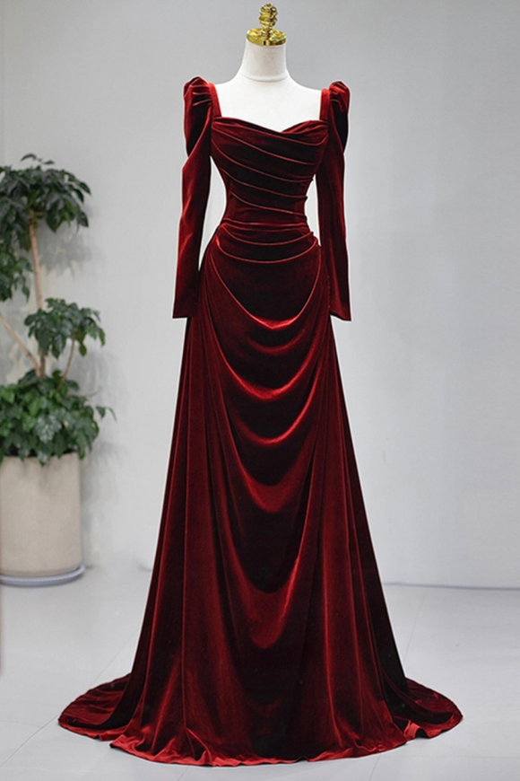 Burgundy Velvet Long Sleeve Pleats Square Neck Prom Dress KPP2103