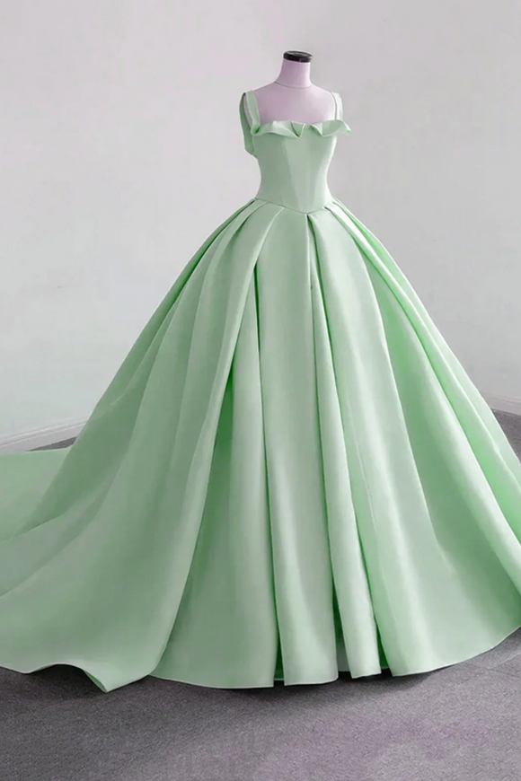 Green Satin Ball Gown Straps Sweet 16 Dress, Long Prom Dress Evening Dress KPP2104