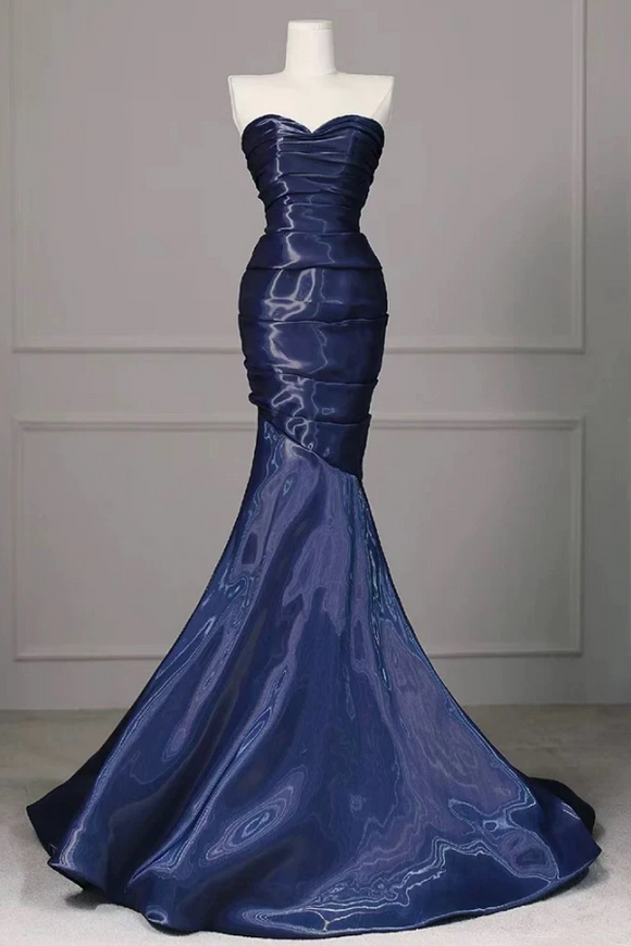 Mermaid Sweetheart Neck Water Satin Dark Blue Long Prom Dress KPP2108