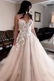 V Neck Champagne Lace Wedding Dresses, Champagne Lace Prom Formal Dresses KPW0747