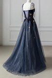 Blue Spaghetti Strap Long Prom Dress with Star, Blue Evening Party Dress KPP1745