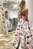 High Low Prom Dresses Strapless A Line Floral Print Long Ball Gown KPP1765