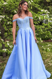 Off the Shoulder Light Blue Satin Long Prom Dress, Off Shoulder Formal Dress KPP1766