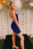 Sparkly Royal Blue V Neck Backless Sequins Short Homecoming Dresses KPH0695