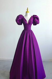 Purple Satin A Line Short Sleeves Long Formal Dress, Purple Evening Dress Prom Dress KPP1867