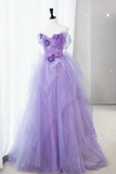 Purple Lace Floral Tulle Long Prom Dresses, Purple Tulle Long Lace Formal Evening Dresses KPP1875