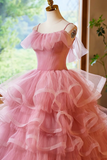 Pink Tulle Layers Long A Line Prom Dress, Pink Spaghetti Strap Sweet 16 Dress Evening Dress KPP1947