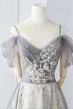 A Line Grey Off Shoulder Sweetheart Tulle Prom Dress, Grey Long Evvening Dress KPP1949