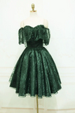 Dark Green Lace Off Shoulder Short Party Dress, Lace Homecoming Dress KPH0718