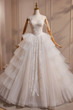 A Line Sweetheart Neck Tulle Lace Applique Beige Long Prom Dress with Beads KPP1955