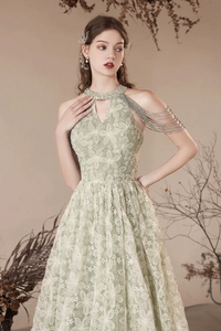 Cute Tulle Flower Floor Length Green Prom Dress, Beautiful Backless A Line Evening Party Dress KPP1956