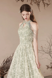 Cute Tulle Flower Floor Length Green Prom Dress, Beautiful Backless A Line Evening Party Dress KPP1956