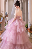 Pink Tulle Layers Long A Line Prom Dress, Pink Sweetheart Neckline Evening Gown KPP1958
