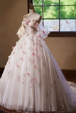 A Line Tulle Floral Floor Length Prom Dress, Off the Shoulder Formal Party Dress KPP1964