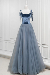 A Line Velvet Tulle Long Prom Dress, Gray Blue Spaghetti Strap Evening Party Dress KPP1966