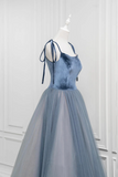 A Line Velvet Tulle Long Prom Dress, Gray Blue Spaghetti Strap Evening Party Dress KPP1966