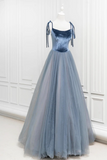 A Line Velvet Tulle Long Prom Dress, Gray Blue Spaghetti Strap Evening Party Dress KPP1966