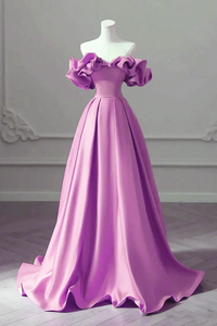 Purple Satin Off Shoulder Long Evening Dress, Purple Wedding Party Dress KPP1969