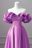 Purple Satin Off Shoulder Long Evening Dress, Purple Wedding Party Dress KPP1969