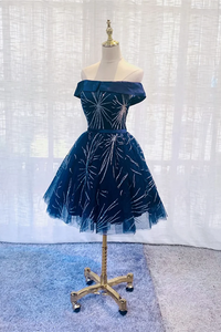 Cute Navy Blue Tulle Short Homecoming Dress, Blue Off Shoulder Prom Dress KPH0723