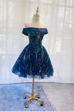 Cute Navy Blue Tulle Short Homecoming Dress, Blue Off Shoulder Prom Dress KPH0723