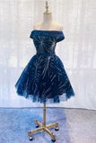 Cute Navy Blue Tulle Short Homecoming Dress, Blue Off Shoulder Prom Dress KPH0723