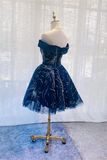 Cute Navy Blue Tulle Short Homecoming Dress, Blue Off Shoulder Prom Dress KPH0723