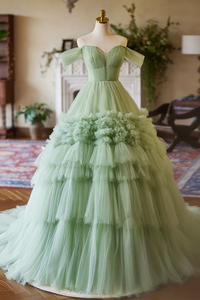 A Line Off Shoulder Tulle Green Long Prom Dress, Green Long Sweet 16 Dress KPP1971