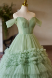 A Line Off Shoulder Tulle Green Long Prom Dress, Green Long Sweet 16 Dress KPP1971