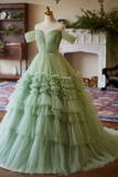 A Line Off Shoulder Tulle Green Long Prom Dress, Green Long Sweet 16 Dress KPP1971